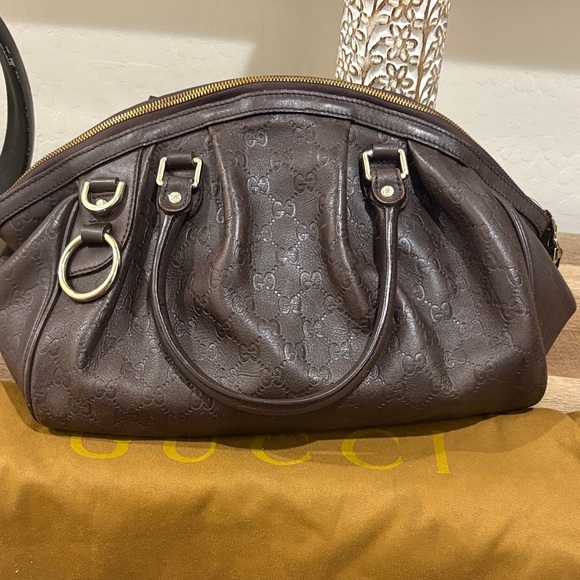 Gucci Dark Brown Embossed Leather Shoulder Bag - Picture 1 of 11
